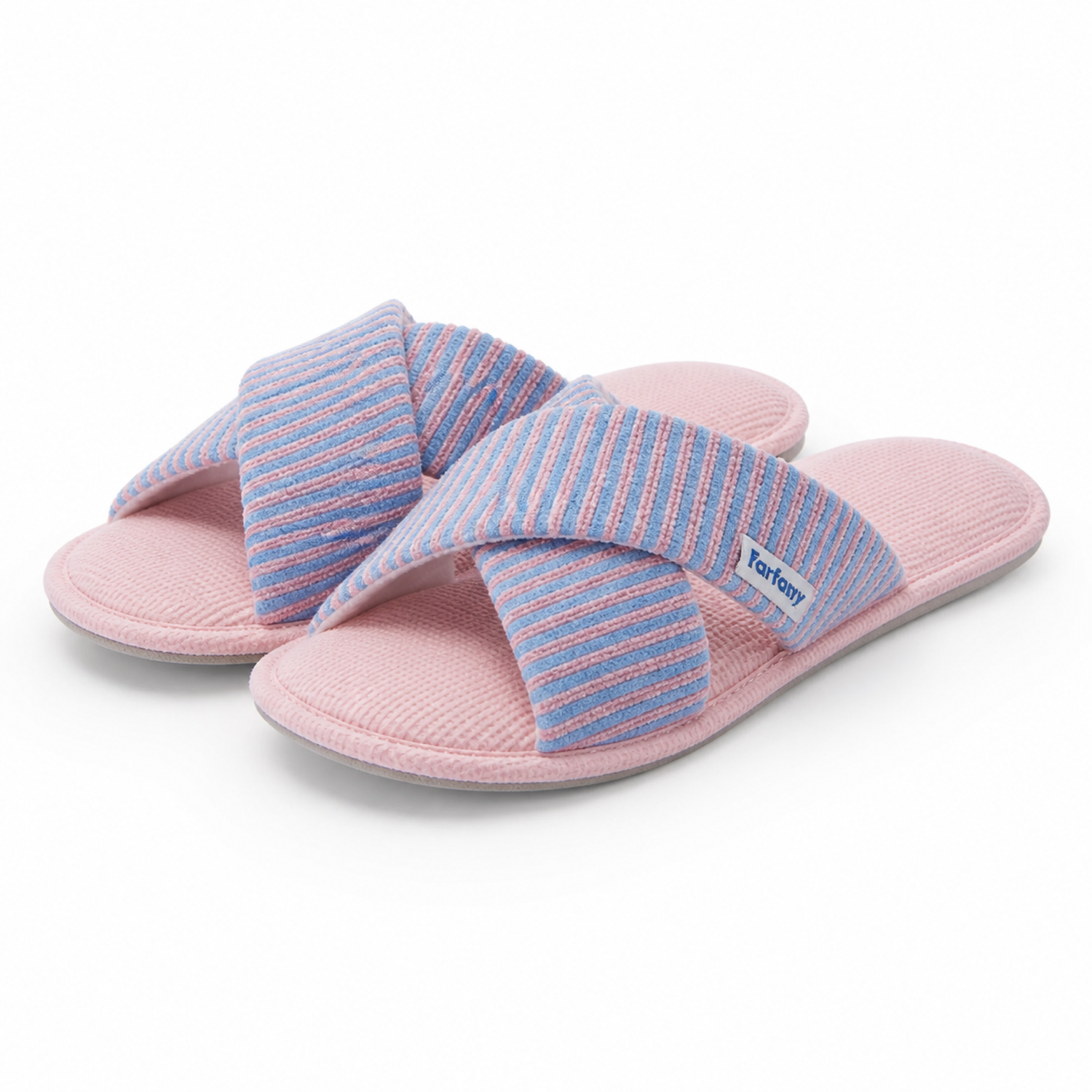 Blue stripe Farfary cross-strap slippers on a white background