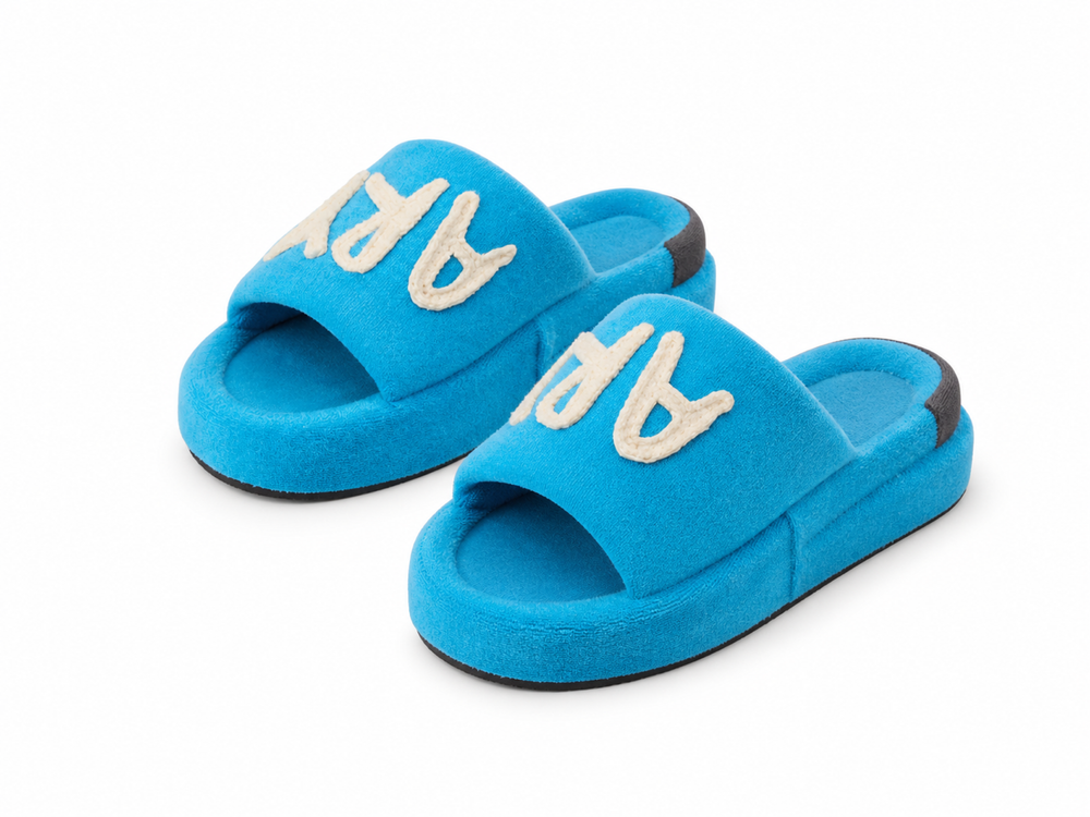 Blue color-block Farfary slippers on a white background