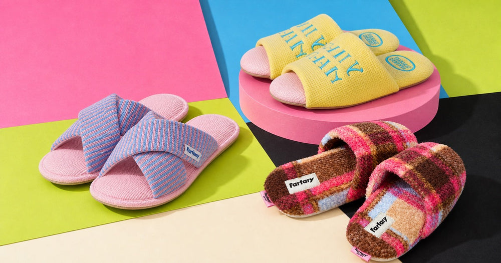 Three colorful Farfary slipper styles on a bold studio set