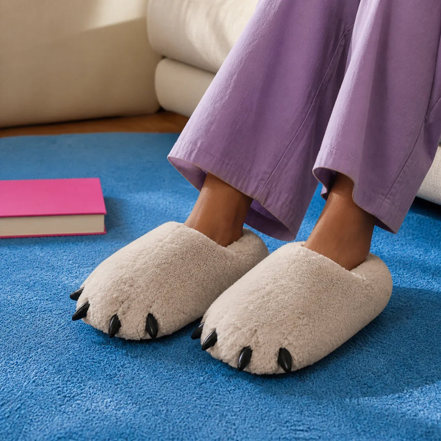 Farfary Bear-Paw Plush House Slippers worn in a colorful home setting