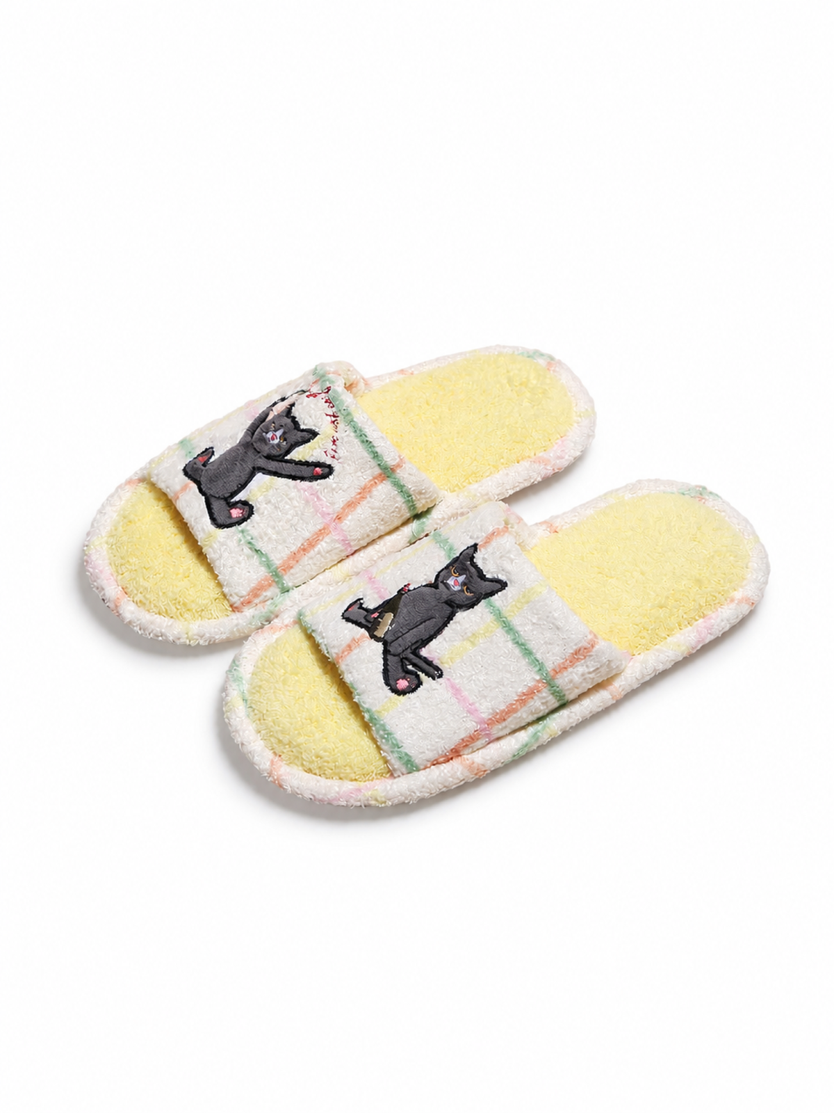 Farfary yellow plaid black cat slippers on white