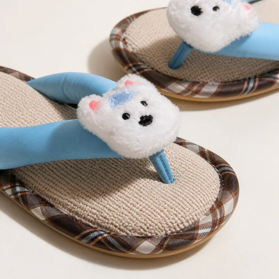 Close-up of Farfary Blue Character Toe-Post Slippers texture and construction