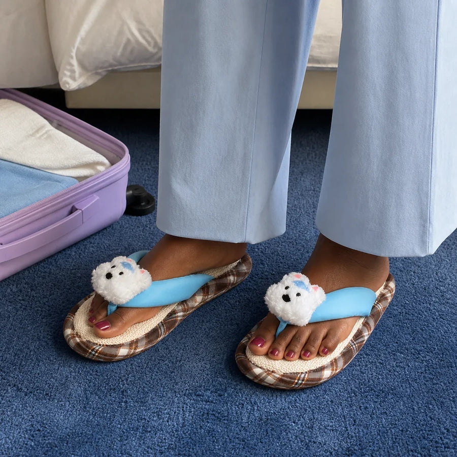 Farfary Blue Character Toe-Post Slippers worn in a colorful home setting