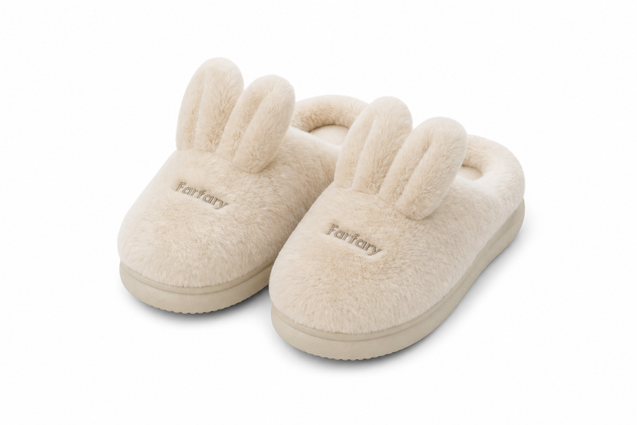 Farfary cream bunny-ear plush slippers on white