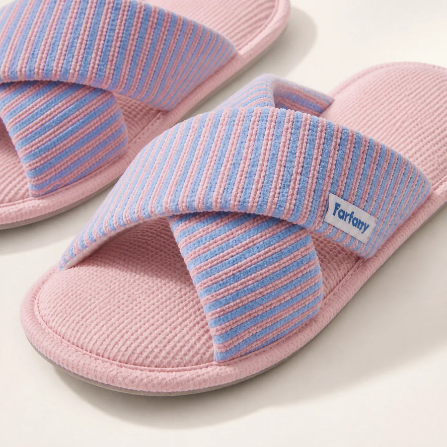 Close-up of Farfary Cloud Stripe Cross-Strap Slippers texture and construction