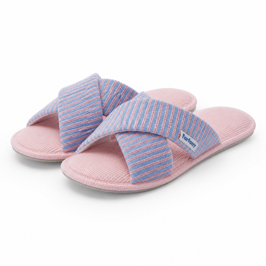 Farfary blue and pink stripe cross-strap slippers on white