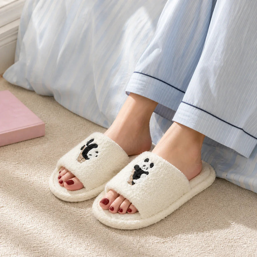 Farfary Cream Character One-Band Slippers worn in a colorful home setting