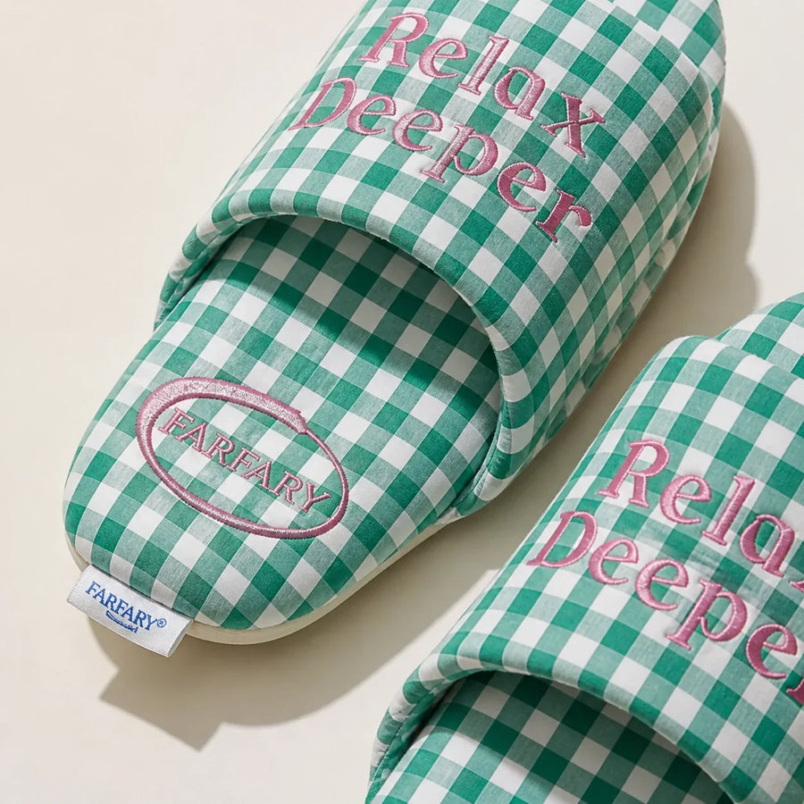 Close-up of Farfary Green Gingham Relax Deeper Slides texture and construction
