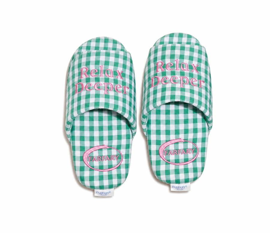 Farfary green gingham slippers on white