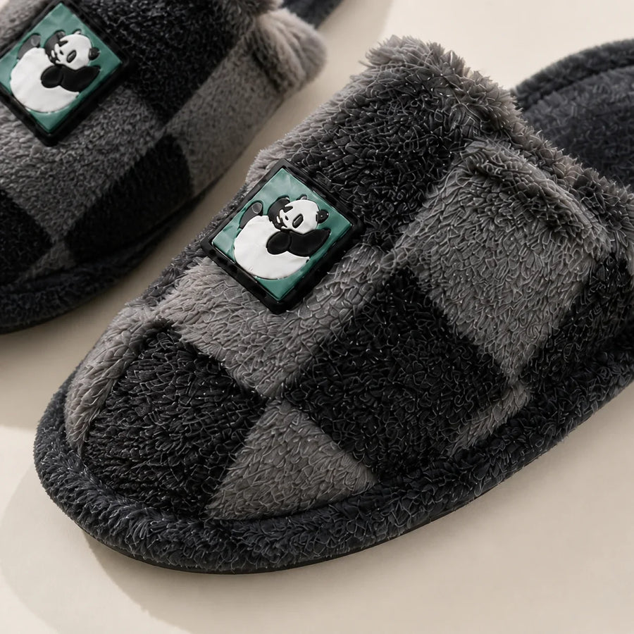 Close-up of Farfary Panda Plush Checkerboard Slippers texture and construction