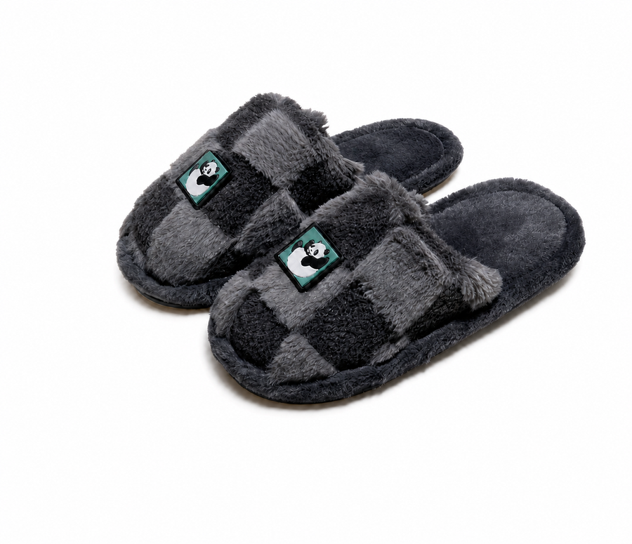 Farfary gray checkerboard plush slippers on white