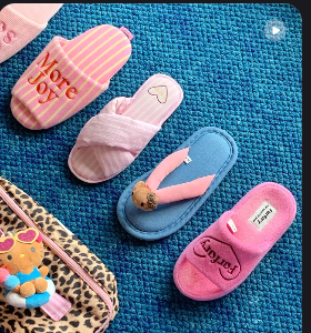 Pink and blue Farfary slides arranged on a textured rug